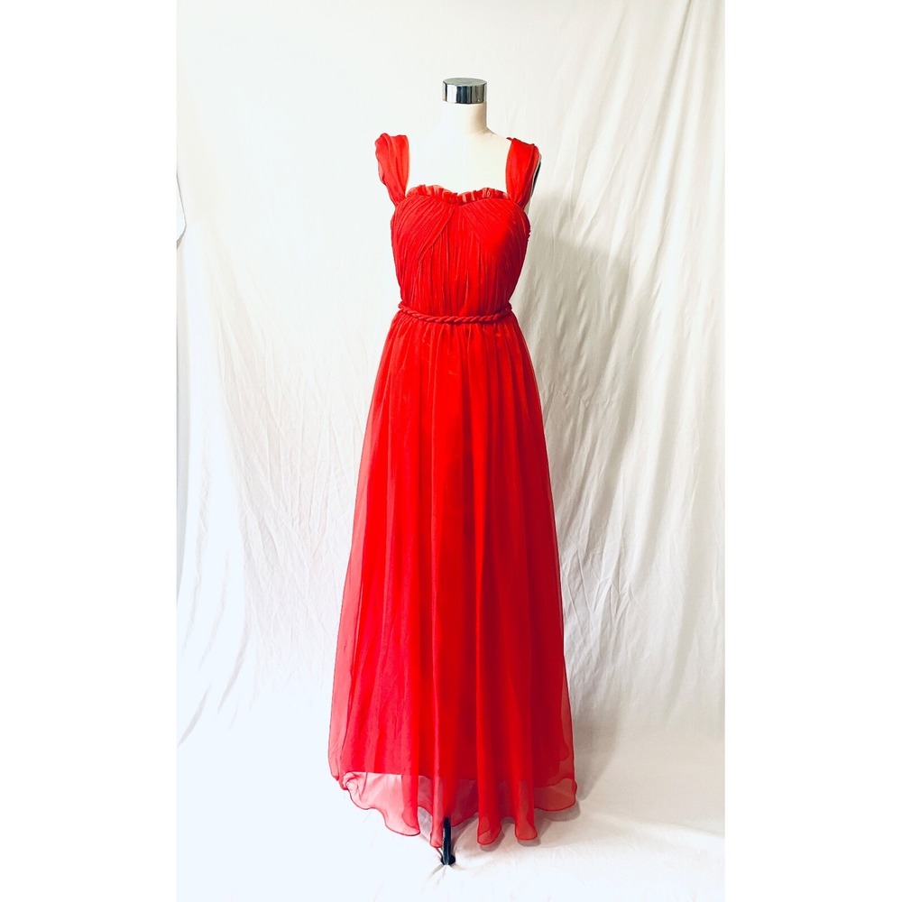 Red 100% Silk Maxi Dress with Sweetheart‎ Neck Draping and Twisted Rope Detail S